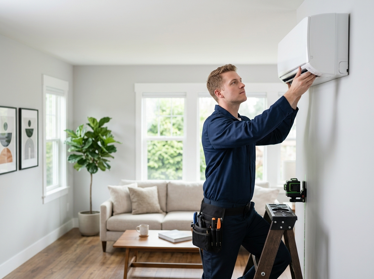 High-end commercial stock photography of a an installer mounting a sleek white ductless mini-split head high on an interior wall in a bright, freshly painted living room  in . Bright, natural daylight, soft diffused lighting. Modern, clean aesthetic. The subject is wearing a clean plain uniform with no logos. Shot on a DSLR, 50mm lens, shallow depth of field with the background slightly blurred. High resolution, photorealistic, optimistic, professional and trustworthy vibe. Absolutely no text, logos, labels, brand marks, signage, watermarks, license plates, or written words of any kind anywhere in the image. Uniforms, vans, tools, and any background objects must be completely plain and unbranded. Compose the shot with the main focal point positioned slightly to the right of center, leaving negative space on the left side of the frame. Site context: Northwind Heating & Cooling, a family HVAC + plumbing contractor in Portland, Oregon. Pacific-Northwest overcast light, Craftsman and mid-century homes, technicians in navy uniforms. Framing: Wide content photo in a rounded panel, object-cover. Single clear subject, center-weighted.